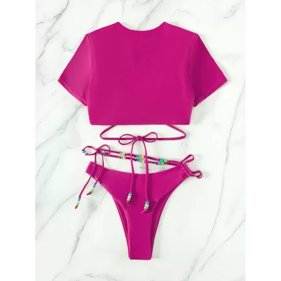 Asymmetric Hollow Solid Color Round-Neck Bikini Swimsuit Two Pieces Set