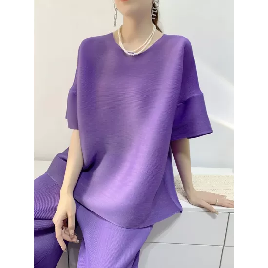 Elastics Pleated Solid Color Short Sleeves Wide Leg Round-neck Two Pieces Set