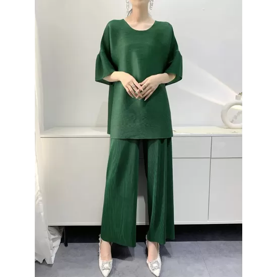 Elastics Pleated Solid Color Short Sleeves Wide Leg Round-neck Two Pieces Set