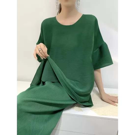 Elastics Pleated Solid Color Short Sleeves Wide Leg Round-neck Two Pieces Set