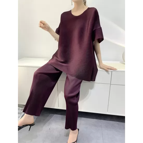 Elastics Pleated Solid Color Short Sleeves Wide Leg Round-neck Two Pieces Set