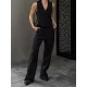 Solid Color Sleeveless Asymmetric Split-Joint  V-Neck Vest Tops +  Straight Leg Pants Suits Two Pieces Set