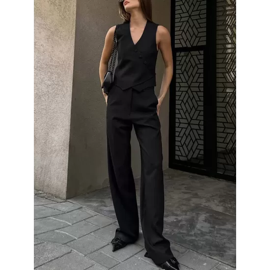 Solid Color Sleeveless Asymmetric Split-Joint  V-Neck Vest Tops +  Straight Leg Pants Suits Two Pieces Set