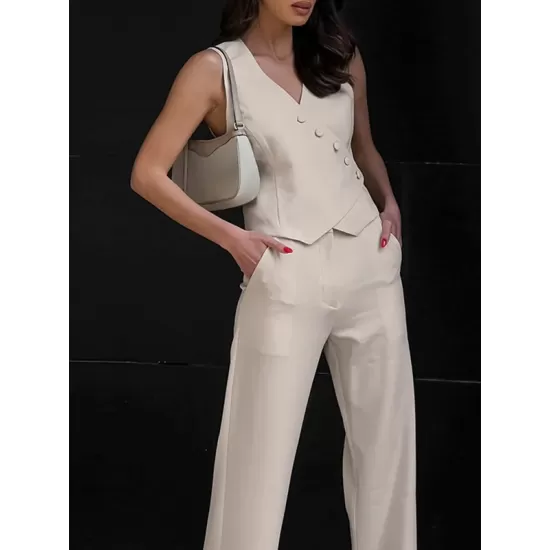 Solid Color Sleeveless Asymmetric Split-Joint  V-Neck Vest Tops +  Straight Leg Pants Suits Two Pieces Set