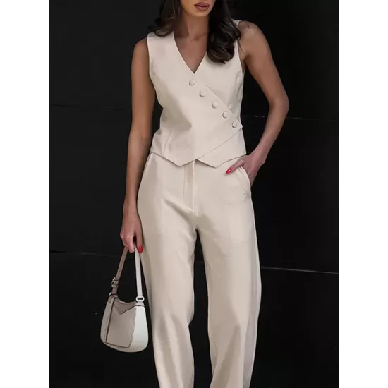 Solid Color Sleeveless Asymmetric Split-Joint  V-Neck Vest Tops +  Straight Leg Pants Suits Two Pieces Set