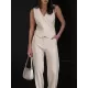 Solid Color Sleeveless Asymmetric Split-Joint  V-Neck Vest Tops +  Straight Leg Pants Suits Two Pieces Set