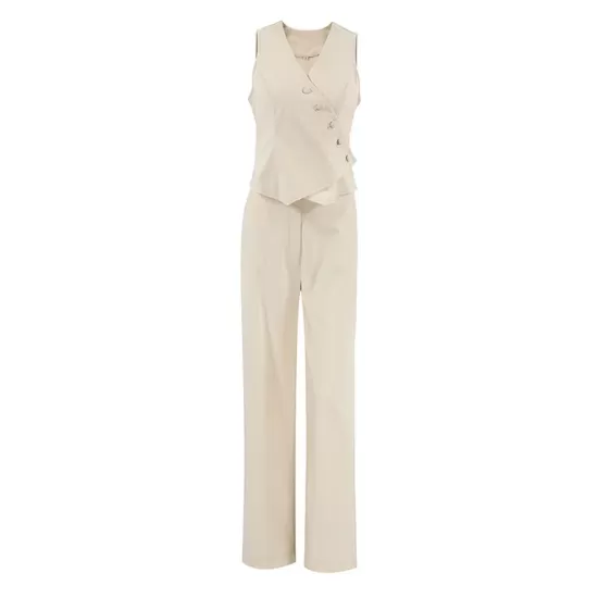 Solid Color Sleeveless Asymmetric Split-Joint  V-Neck Vest Tops +  Straight Leg Pants Suits Two Pieces Set