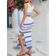 Striped Skinny Hollow Sleeveless Vest Top + Split-Side Skirts Two Pieces Set