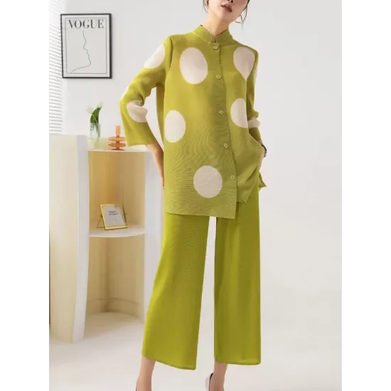 Pleated Polka Dot Long Sleeves Loose Stand Collar Two Pieces Set