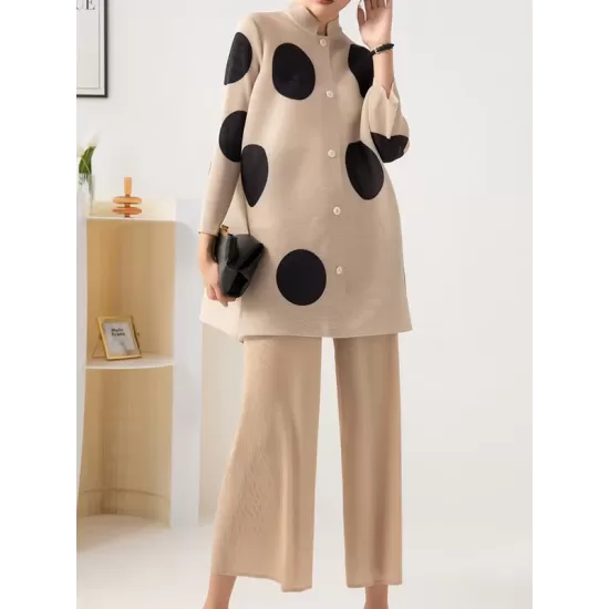 Pleated Polka Dot Long Sleeves Loose Stand Collar Two Pieces Set