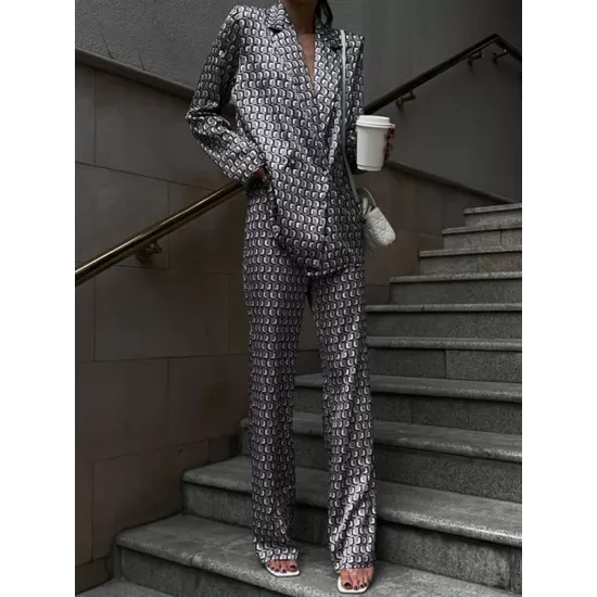 Printed Long Sleeves Lapel Outwear Top + Flared Trousers Bottom Two Pieces Set