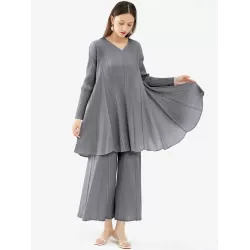 Urban Pleated Solid Color V-Neck Long Sleeves T-Shirt&Flared Pantstwo Pieces Set