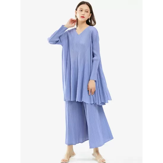 Urban Pleated Solid Color V-Neck Long Sleeves T-Shirt&Flared Pantstwo Pieces Set