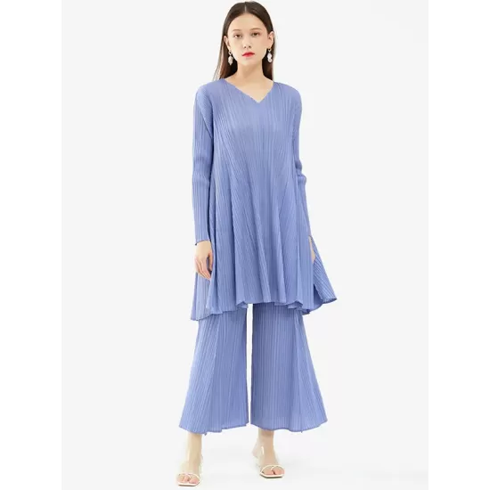 Urban Pleated Solid Color V-Neck Long Sleeves T-Shirt&Flared Pantstwo Pieces Set