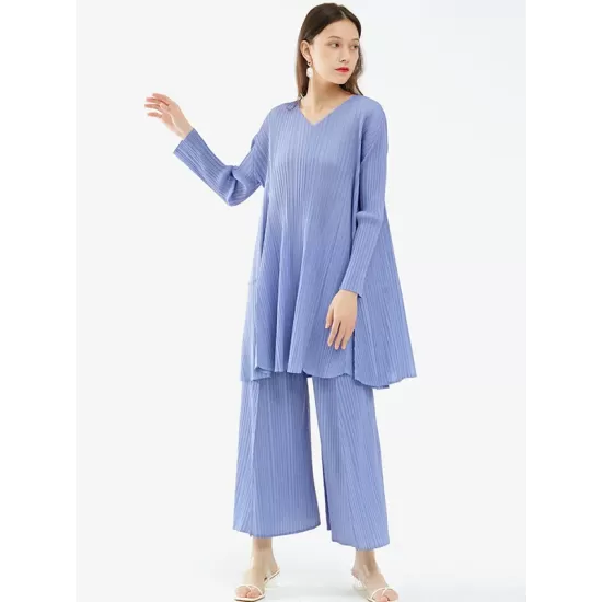 Urban Pleated Solid Color V-Neck Long Sleeves T-Shirt&Flared Pantstwo Pieces Set