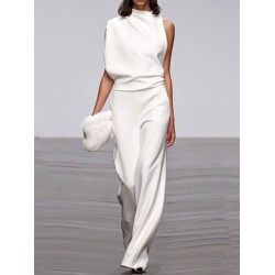 Urban Asymmetric Solid Color One Shoulder Top And Pants Set