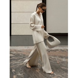 Urban Loose Pleated Solid Lapel Collar Blouses Tops & Wide Leg Pants Two Pieces Set