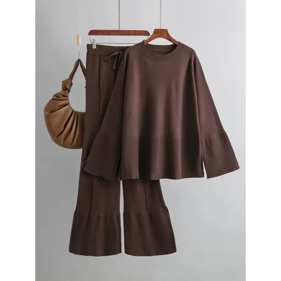 Casual Long Sleeves Loose Solid Color Round-Neck Sweater Tops & Wide Leg Pants Two Pieces Set