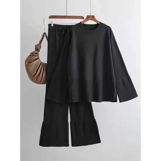 Casual Long Sleeves Loose Solid Color Round-Neck Sweater Tops & Wide Leg Pants Two Pieces Set