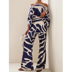 Printed Off-The-Shoulder Top + Wide Leg  Pants Two Pieces Set