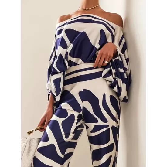 Printed Off-The-Shoulder Top + Wide Leg  Pants Two Pieces Set