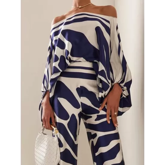 Printed Off-The-Shoulder Top + Wide Leg  Pants Two Pieces Set