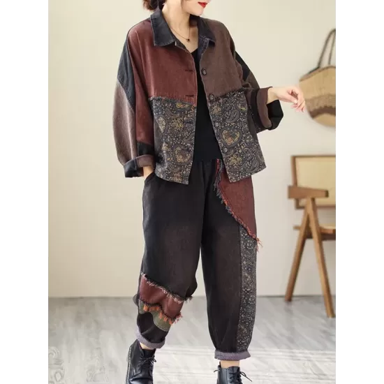 Contrast Color Fringed Split-Joint Long Sleeves Printed Outwear + Harem Pants  Two Pieces Set