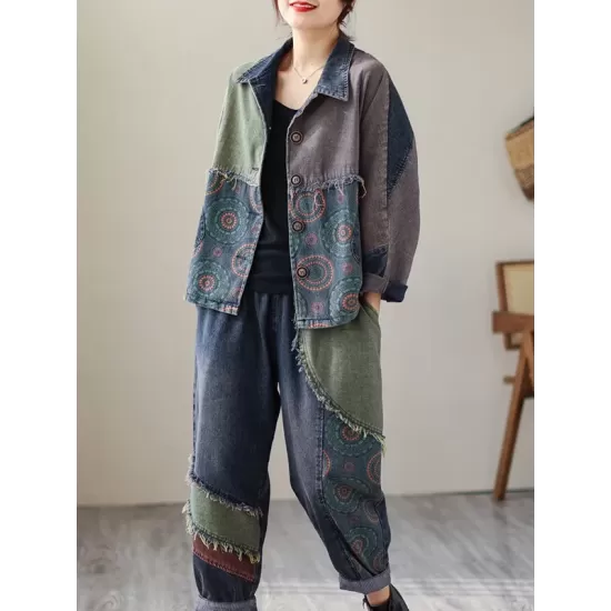 Contrast Color Fringed Split-Joint Long Sleeves Printed Outwear + Harem Pants  Two Pieces Set