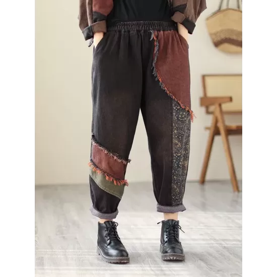 Contrast Color Fringed Split-Joint Long Sleeves Printed Outwear + Harem Pants  Two Pieces Set