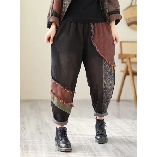 Contrast Color Fringed Split-Joint Long Sleeves Printed Outwear + Harem Pants  Two Pieces Set