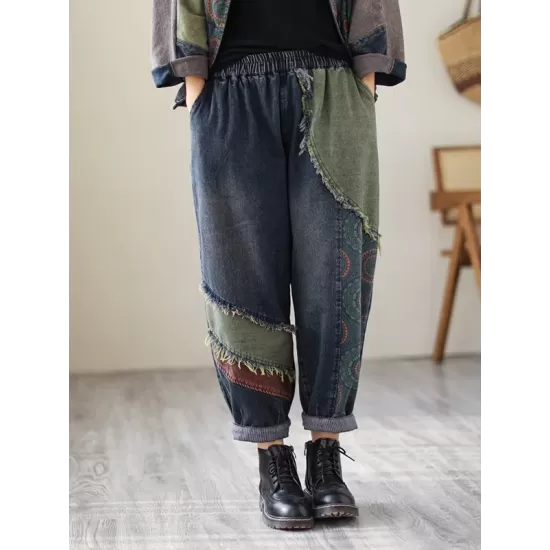 Contrast Color Fringed Split-Joint Long Sleeves Printed Outwear + Harem Pants  Two Pieces Set