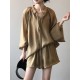 Split-Joint Solid Color  Sun Protection Tied V-neck Long Sleeves Top + Shorts Two Pieces Set