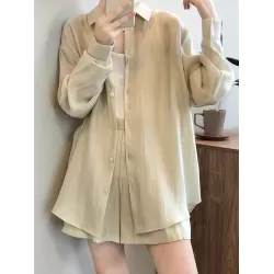 Loose Solid Color Long Sleeves Blouse + Pleated Shorts Two Pieces Set