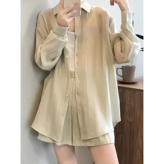 Loose Solid Color Long Sleeves Blouse + Pleated Shorts Two Pieces Set