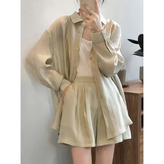 Loose Solid Color Long Sleeves Blouse + Pleated Shorts Two Pieces Set