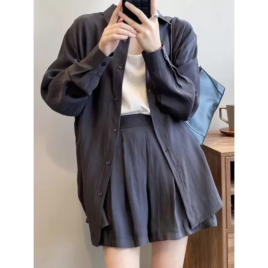 Loose Solid Color Long Sleeves Blouse + Pleated Shorts Two Pieces Set