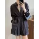 Loose Solid Color Long Sleeves Blouse + Pleated Shorts Two Pieces Set