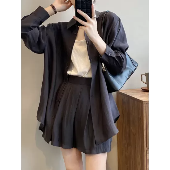 Loose Solid Color Long Sleeves Blouse + Pleated Shorts Two Pieces Set