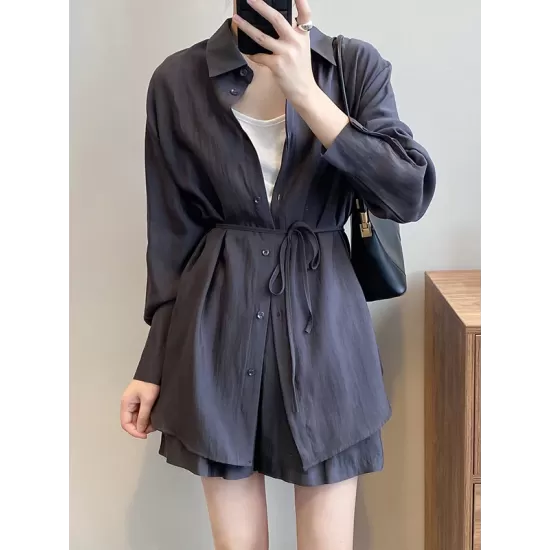 Loose Solid Color Long Sleeves Blouse + Pleated Shorts Two Pieces Set