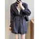 Loose Solid Color Long Sleeves Blouse + Pleated Shorts Two Pieces Set