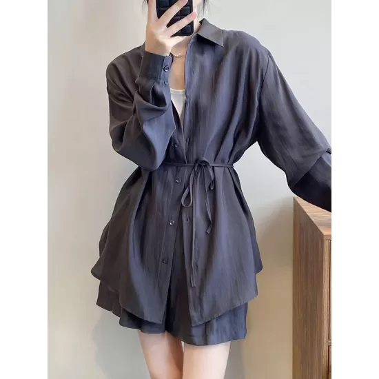 Loose Solid Color Long Sleeves Blouse + Pleated Shorts Two Pieces Set