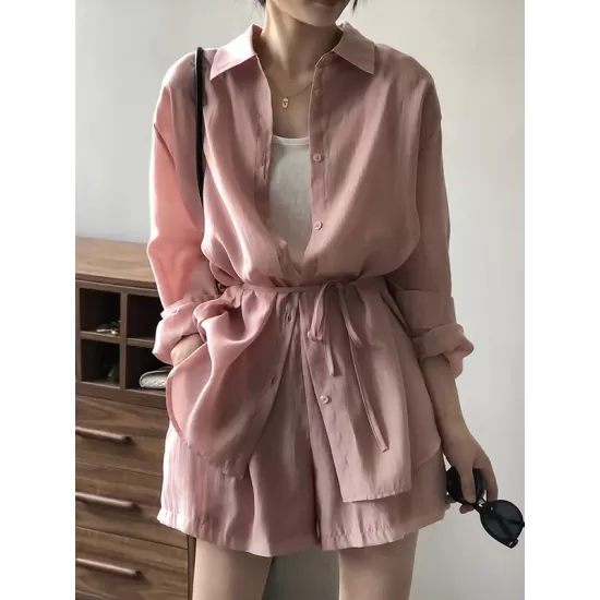 Loose Solid Color Long Sleeves Blouse + Pleated Shorts Two Pieces Set