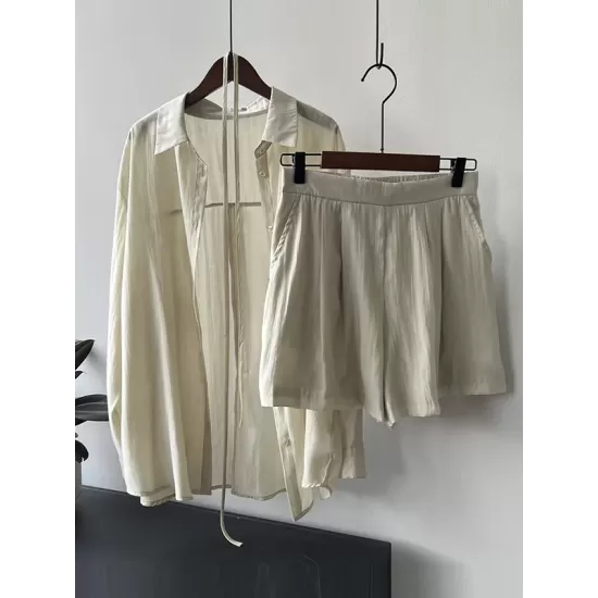 Loose Solid Color Long Sleeves Blouse + Pleated Shorts Two Pieces Set