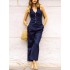 Solid Color Buttoned Deep V-Neck Sleeveless  Vest Top + Pleated Straight Leg Pants Bottom Two Pieces Set