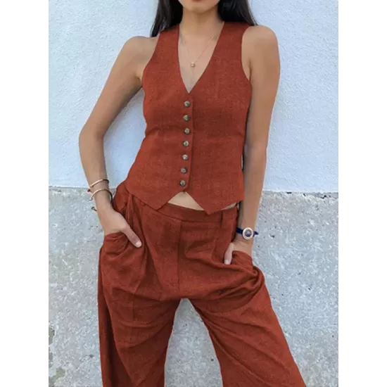 Solid Color Buttoned Deep V-Neck Sleeveless  Vest Top + Pleated Straight Leg Pants Bottom Two Pieces Set