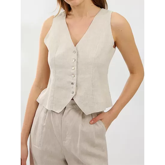 Solid Color Buttoned Deep V-Neck Sleeveless  Vest Top + Pleated Straight Leg Pants Bottom Two Pieces Set