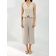 Solid Color Buttoned Deep V-Neck Sleeveless  Vest Top + Pleated Straight Leg Pants Bottom Two Pieces Set