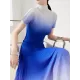 Gradient Pleated High-Neck Short Sleeves T-shirt Top + Skirt Bottom Two Pieces Set