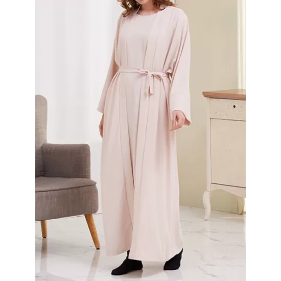 Long Sleeves Loose Solid Color Inner Dress + Tied Waist Outerwear Two Pieces Set