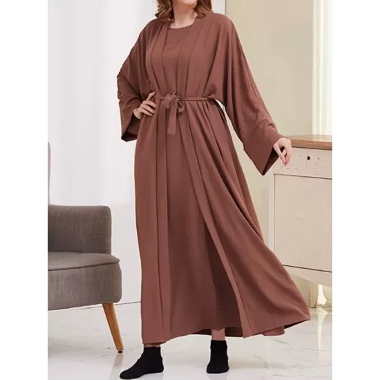 Long Sleeves Loose Solid Color Inner Dress + Tied Waist Outerwear Two Pieces Set